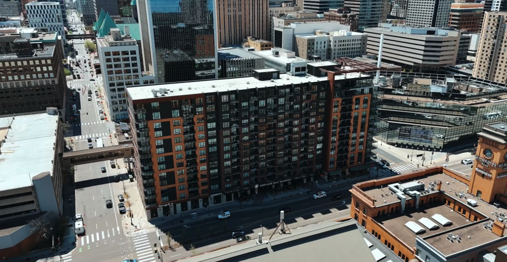 Aerial view of a downtown multifamily apartment building