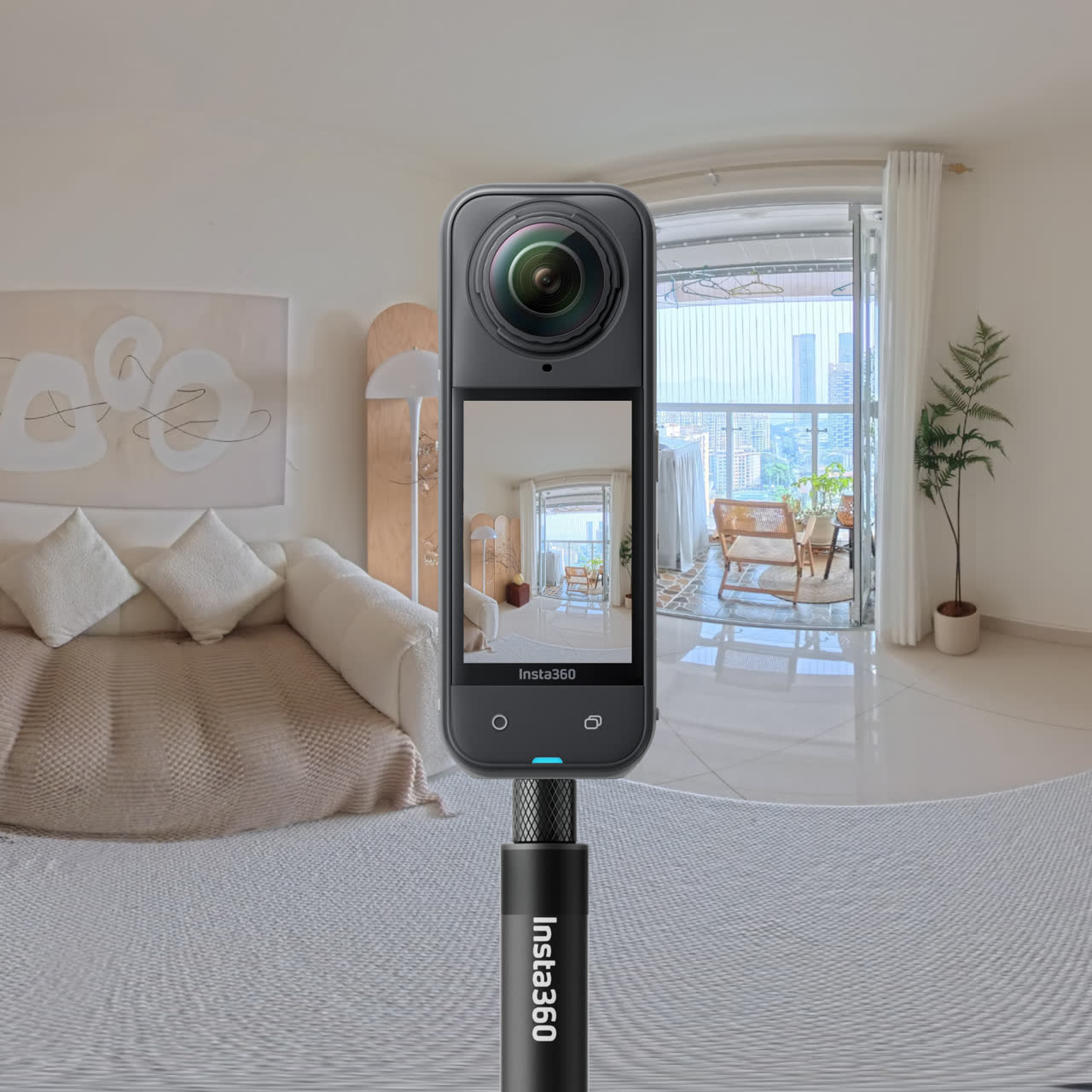Insta360 camera capturing a 360 virtual tour of an apartment